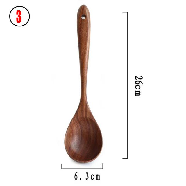1-7pcs/set Teak Natural Wood Tableware Spoon Ladle Turner Rice Colander Soup Skimmer Cooking Spoon Scoop Kitchen Reusable Tool