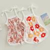 Toddler Baby Girl Summer Jumpsuit, Cartoon Flower Print Sleeveless Sling Tie-Up Shorts Romper