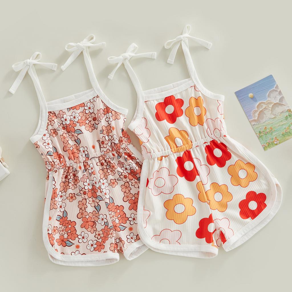 Toddler Baby Girl Summer Jumpsuit, Cartoon Flower Print Sleeveless Sling Tie-Up Shorts Romper