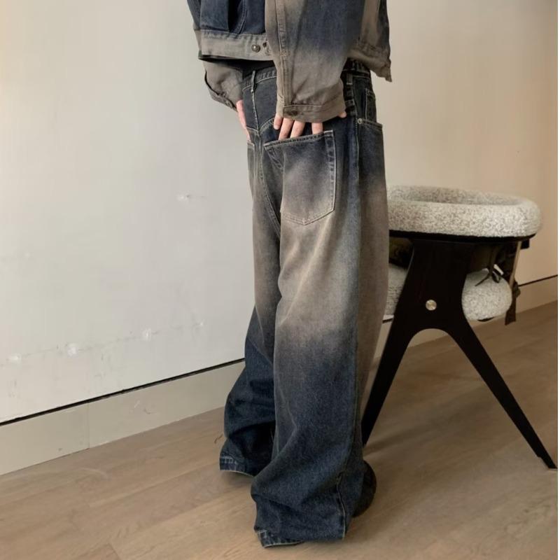 

Мужской джинсовый костюм в стиле ретро с градиентом: Модный свободный жакет и широкие брюки, комплект из двух предметов на весну и осень. XL