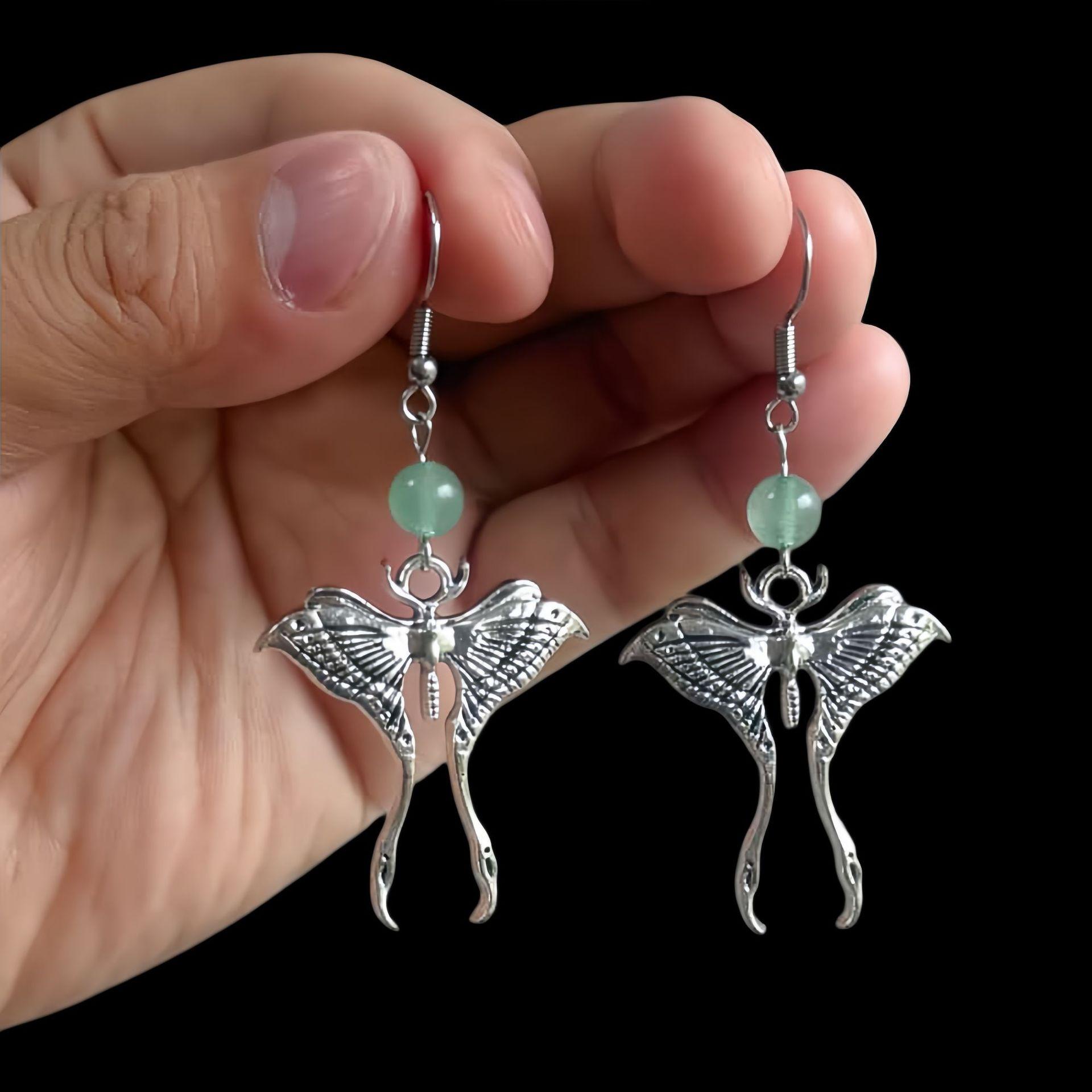 Зеленый авантюрин Богемия Серебро Luna Moth Подвески Серьги для Женщин Готические Хэллоуин Вечеринка Темные Ведьминские Украшения Подарок