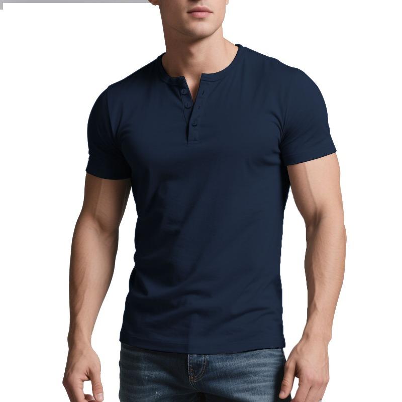 Men Summer Casual Slim Fit Short Sleeve Solid Henley Shirt