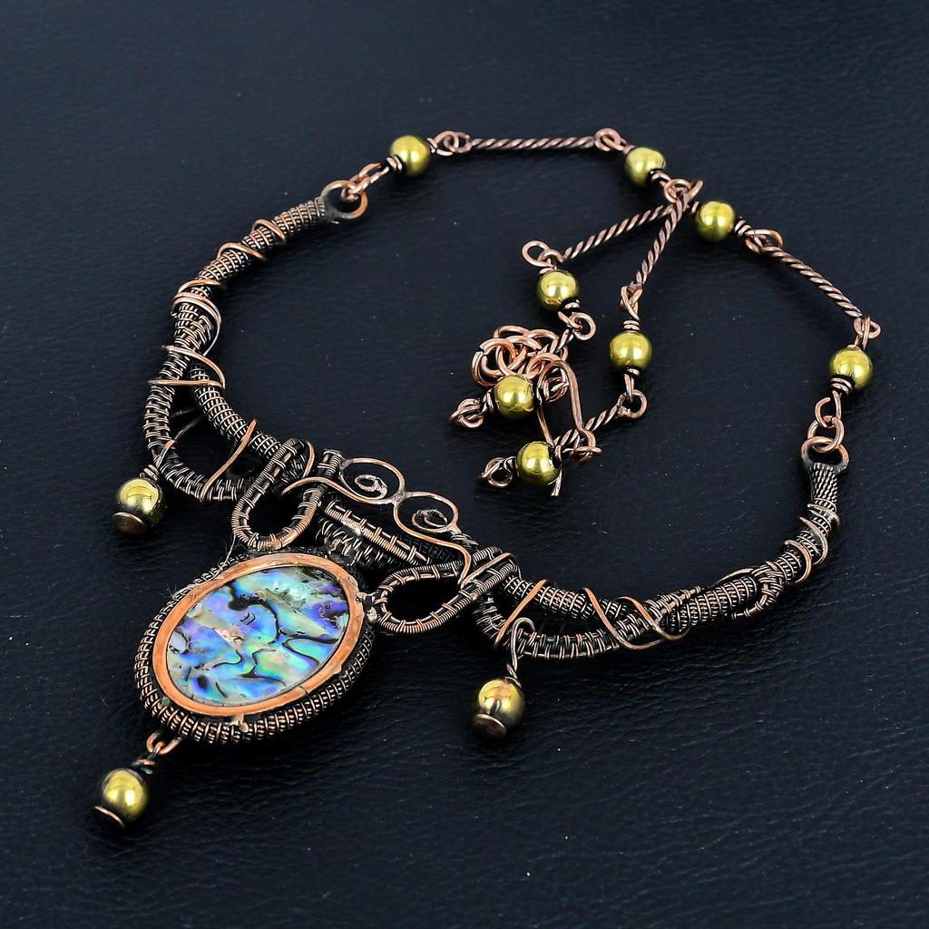Abalone Muschel Halskette 999 Kupferdraht umwickelt Verstellbare Kettenhalskette Geschenk für Frauen, Handgefertigte Edelstein Schmuck Halskette