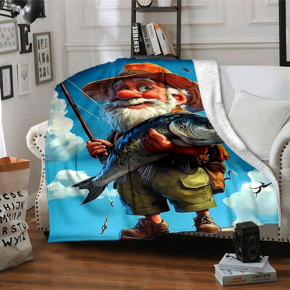 Cartoon Fisher Gnome Big Salmon Print Flannel Blanket Soft Warm Throw Blanket Nature Hobby Sofa Bed Home Decor