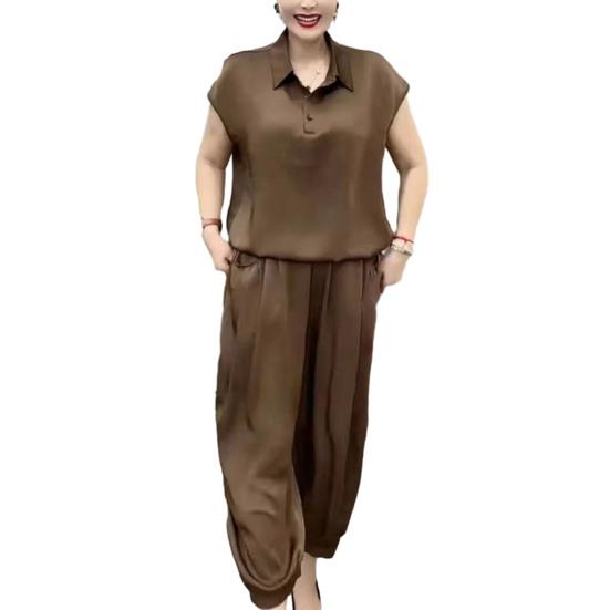 Women's Loose Two-Piece Outfit Lapel V Neck Short Sleeve Top Long Pants Set Summer Casual Lounge Suit