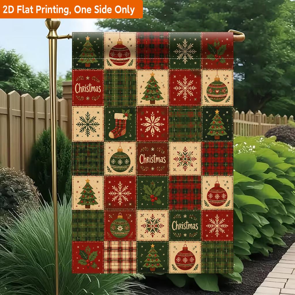 2D Flat, 2D Flat Printing Garden Flag 1pc, Christmas Tree And Snowflakes Durable Single-Sided Print Yard Flag, Garden & Home Holiday Decoration, 29.97