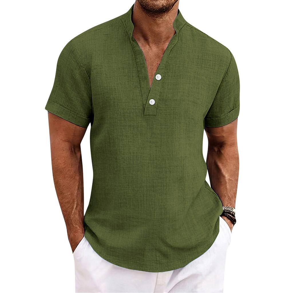 Men's Stand-up Collar, Half-open Jacket, Linen Short-sleeved Shirt