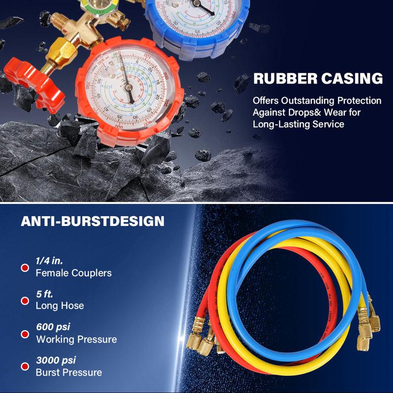 Pro 3 Way AC Diagnostic Manifold Gauge Set with Complete Hose and Hook Kit Advanced Refrigerant Testing Tool for R134A R22 R404A
