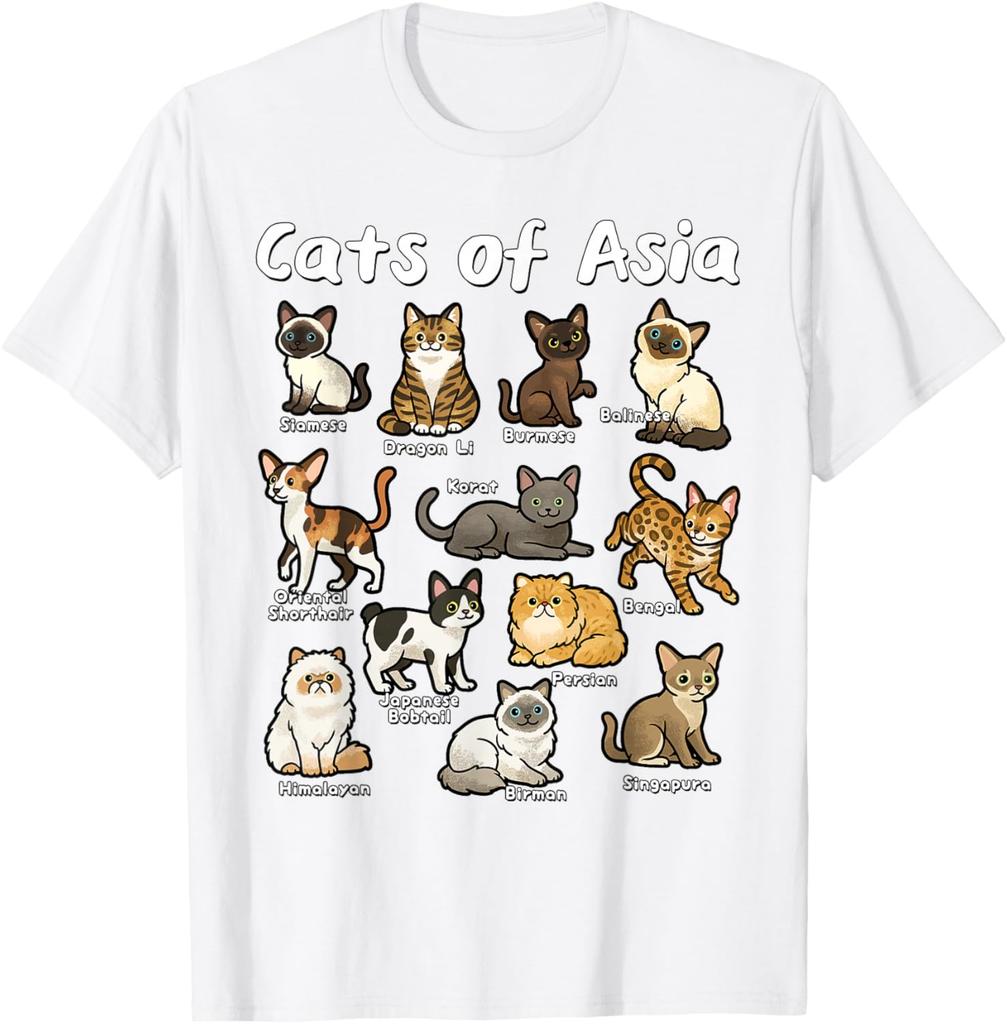 Cats of Asia Breeds Graphic Tee Casual Cotton Short Sleeve T-Shirt for Men Trip