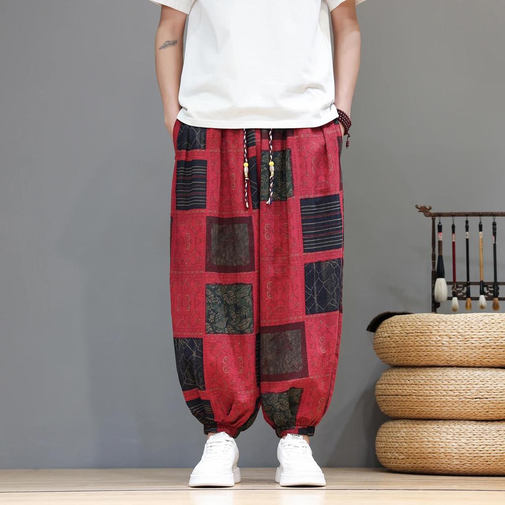 Pantaloni Stampati Stile Etnico Estivi Sottili Coulisse Pantaloni a Lanterna Cinesi Taglie Forti Gamba Larga Pantaloni Harem Bassi Casual Larghi