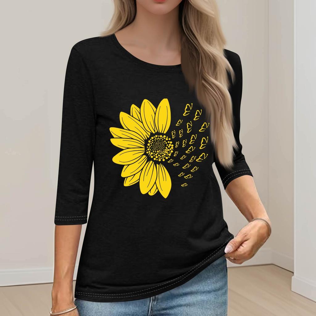 Women's Fashion Loose Casual Seven 3/4 Sleeve Printed Round Neck Pullover Top