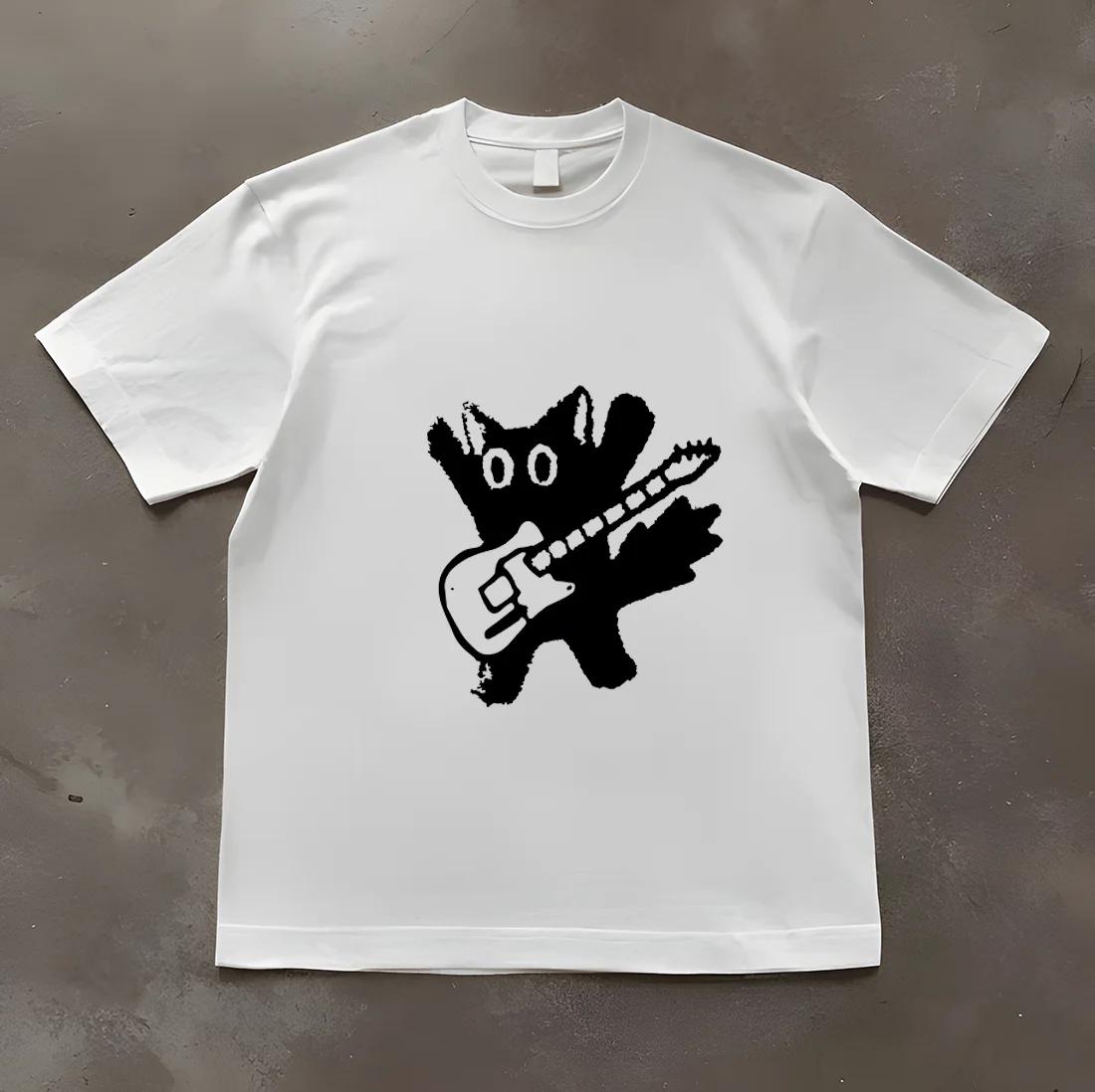 New Korean Japanese Fashion Street Large Guitar Cat Pattern Printed Tshirt and Wo Short Sleeves Y2K Top Tshirt S