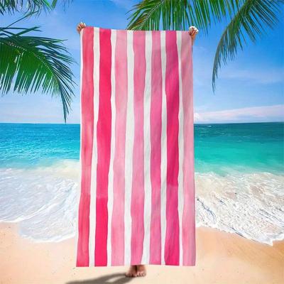 One Beach Towel Featuring A Vibrant Pink And White Striped Pattern, Ideal For Pools, Spas, Camping Trips, And Summer Holidays