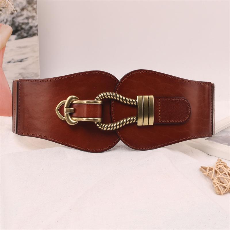 Women's Wide Elastic Leather Waist Belt - Retro Black Cowhide