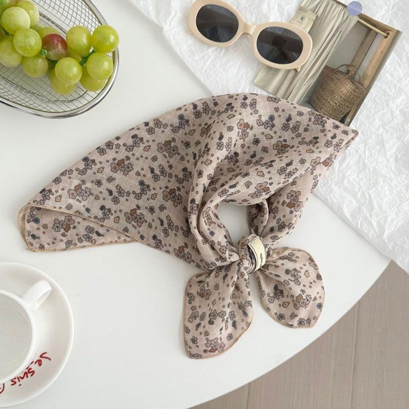 Silk scarf new fashion neck protection small shawl retro literary scarf double-sided floral headscarf headband cotton and linen square scarf
