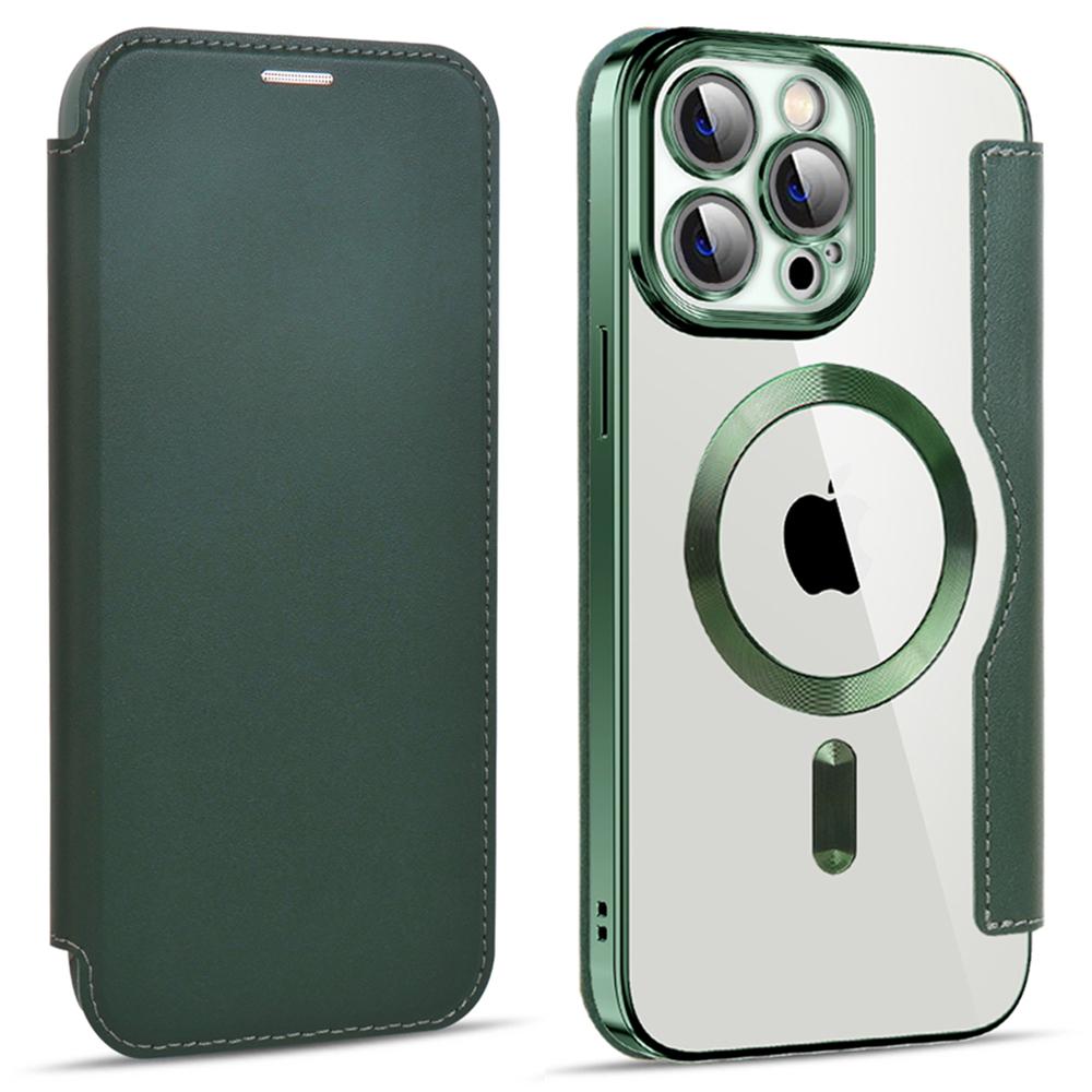 Phone Cover for iPhone 14 Pro Max,Compatible with MagSafe RFID Blocking Card Slots PU Leather+TPU Electroplating Clear Back Flip Case with Lens Film