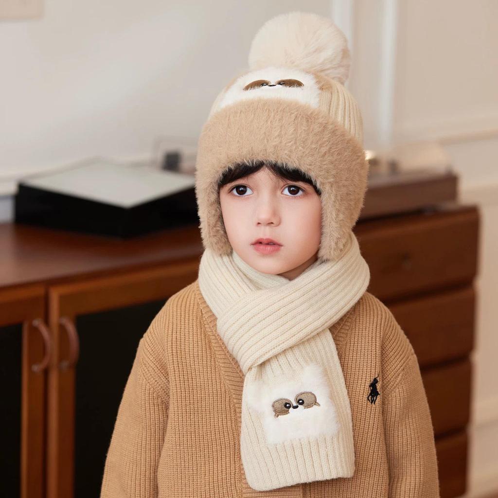 Children's Wool Hat and Scarf Set with Warm Ear Protection and Thick Baby Cartoon Pullover Cotton Lining, for Boys and Girls.