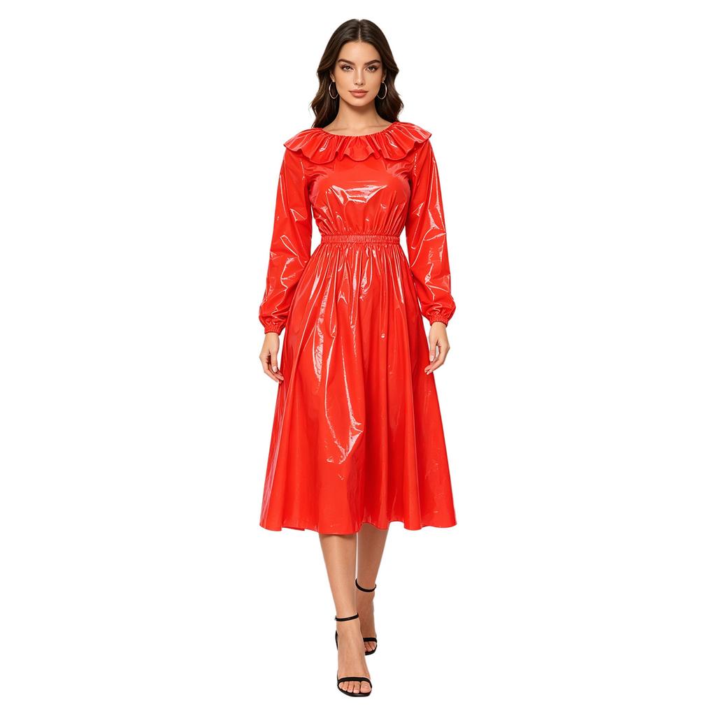Vestito Donna Impermeabile Lucido in Vinile Girocollo Manica Lunga Arricciata Cintura in Vita Svasato Midi per Festa Rave Club Notte Abbigliamento da Spiaggia