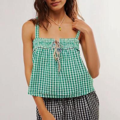 Sexy Vest Women Plaid Print Sling Top with Lace-Up Detail Loose Fit Short Tank Tops Adjustable Chest Decoration Vest