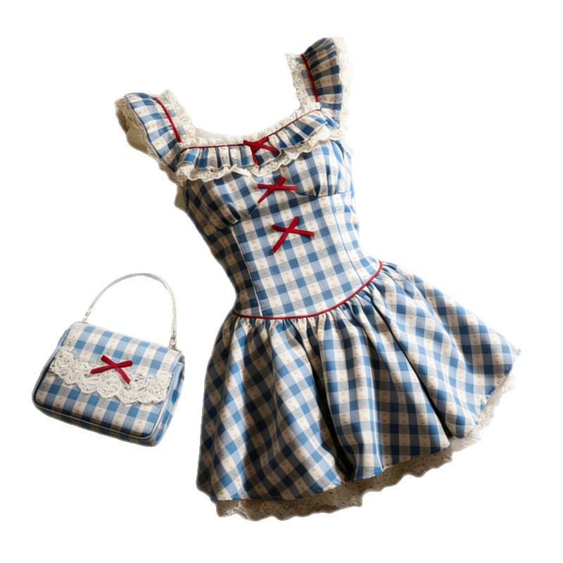 New blue and white plaid dress female sweet girl wind flying sleeves square neck lace waist thin short skirt