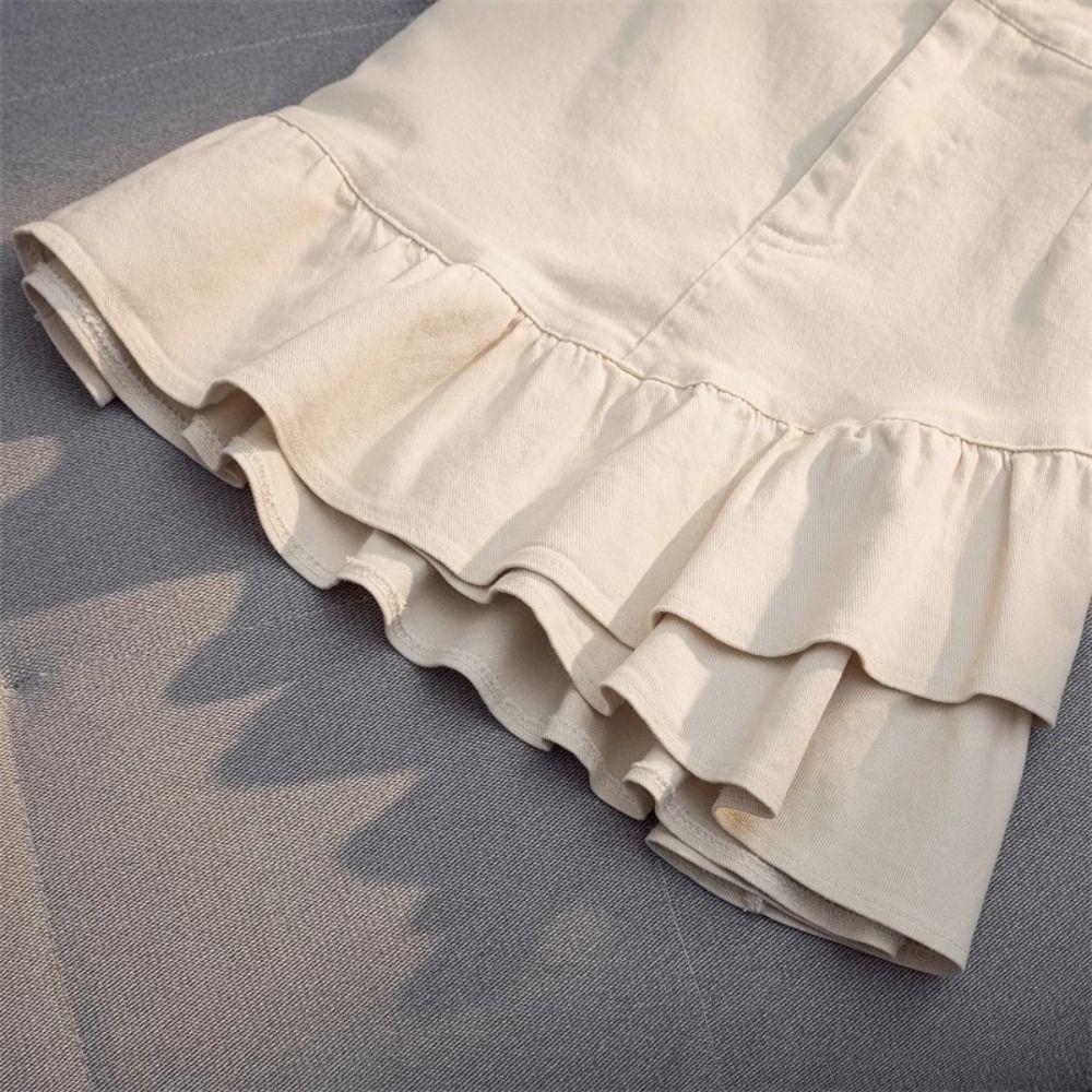 With Safty Pants Ruffle Short Mini Skirt Denim Pleated Mini Skirts High Waist A-line Skirt  Summer