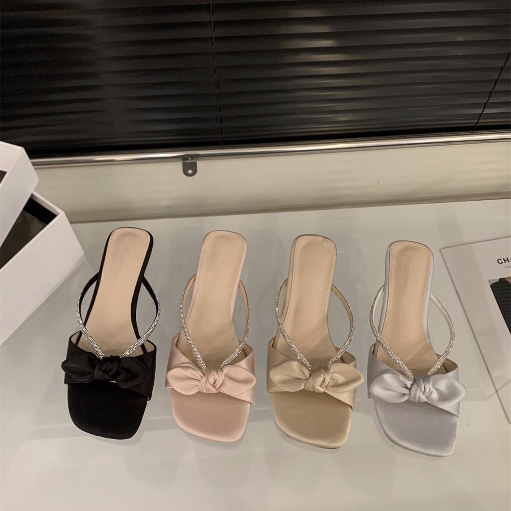 Thick heel temperament rhinestone French small cool slippers fairy shoes outer wear 2025 summer with skirt bow sandals
