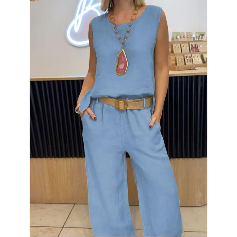 Solid-Color Sleeveless Long Pants Set Solid Sleeveless Vest Trousers Set Women