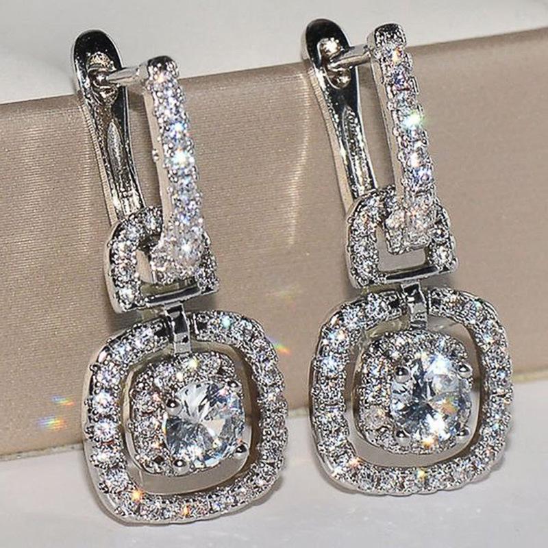 

European & American Women s Sparkling Zircon Dangle Earrings, Copper-Plated White Gold Ear Jewelry
