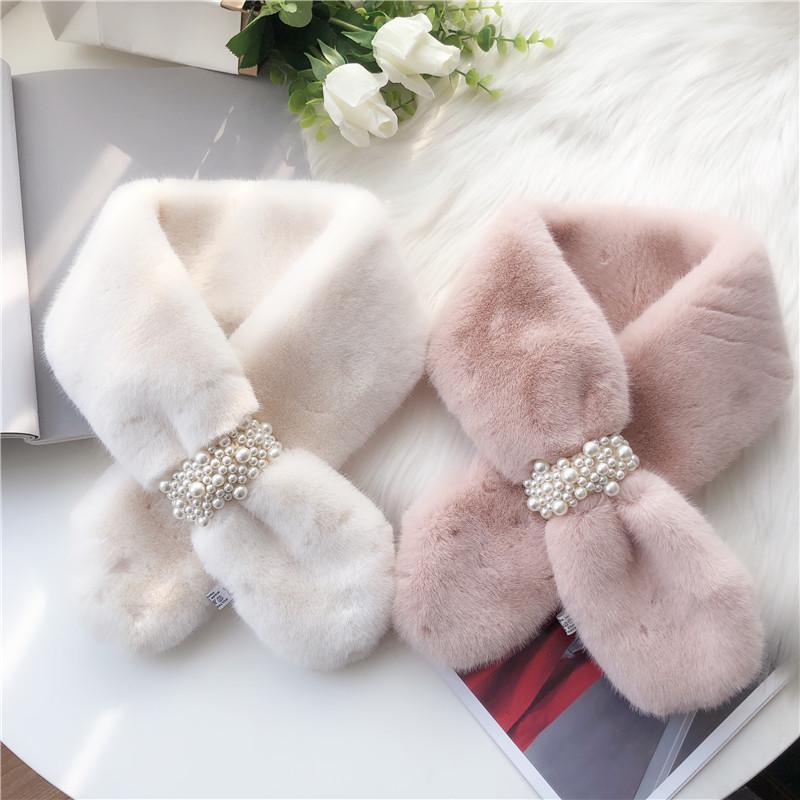 Korean Style Thickened Warm Plush Pearl Scarf - Autumn & Winter Cross Neck Warmer for Girls