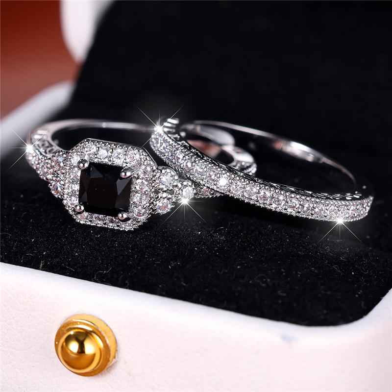 Female Black Zircon Stone Engagement Ring Set Cute Silver Color Wedding Jewelry For Women
