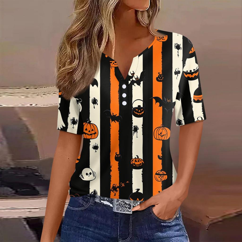 Damen T-Shirt Halloween Bedruckt Knopf Kurzarm Tunika Täglich Wochenende Mode Basic V-Ausschnitt Reguläres Oberteil