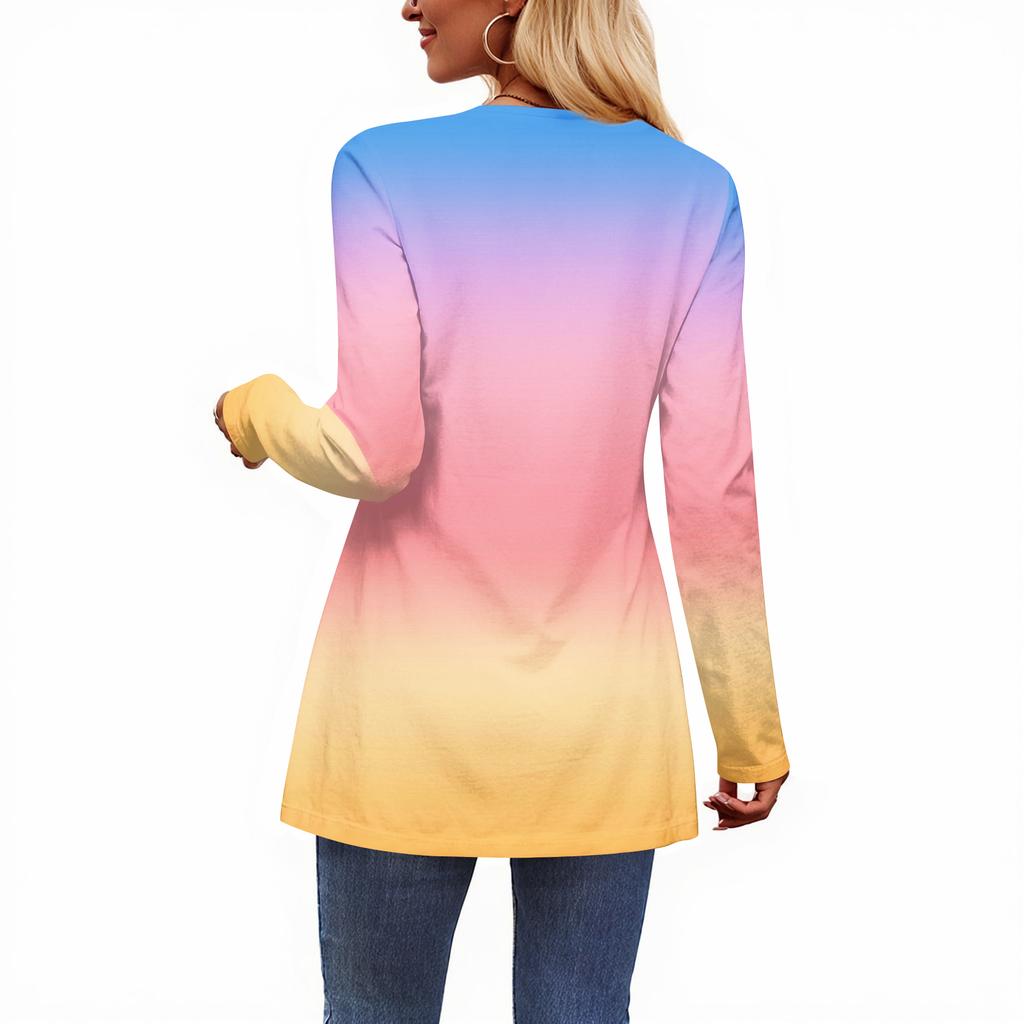 Women's Casual Fashion V-Neck Button Gradient Long Sleeve Top