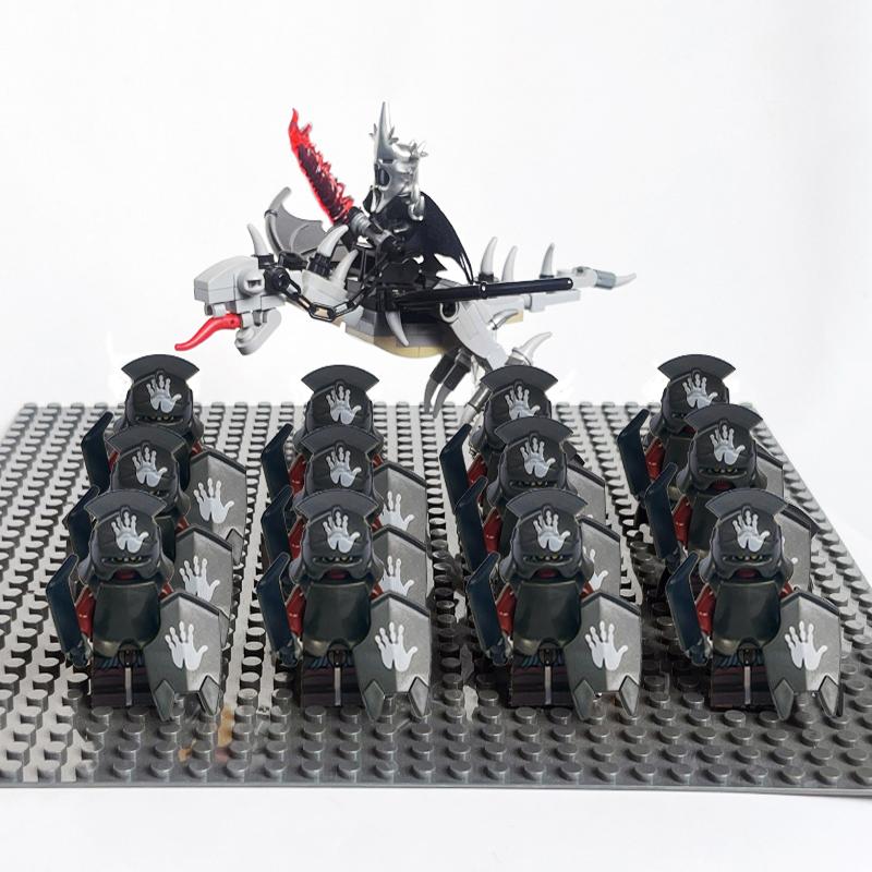 

14pcs MOC Medieval Dwarf Warrior Elves Knights LotR Uruk-hai Orc Rohan Soldier with Witch King Leader Figure Building Block Toys