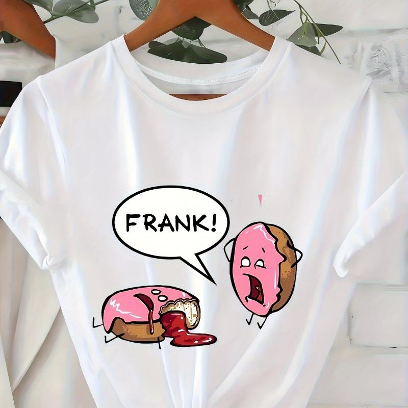

Women s Soft Pink Donut FRANK! Graphic T-Shirt - Casual Short Sleeve Round Neck Tee with Fun Print, Relaxed Fit for Casual Attire S белый