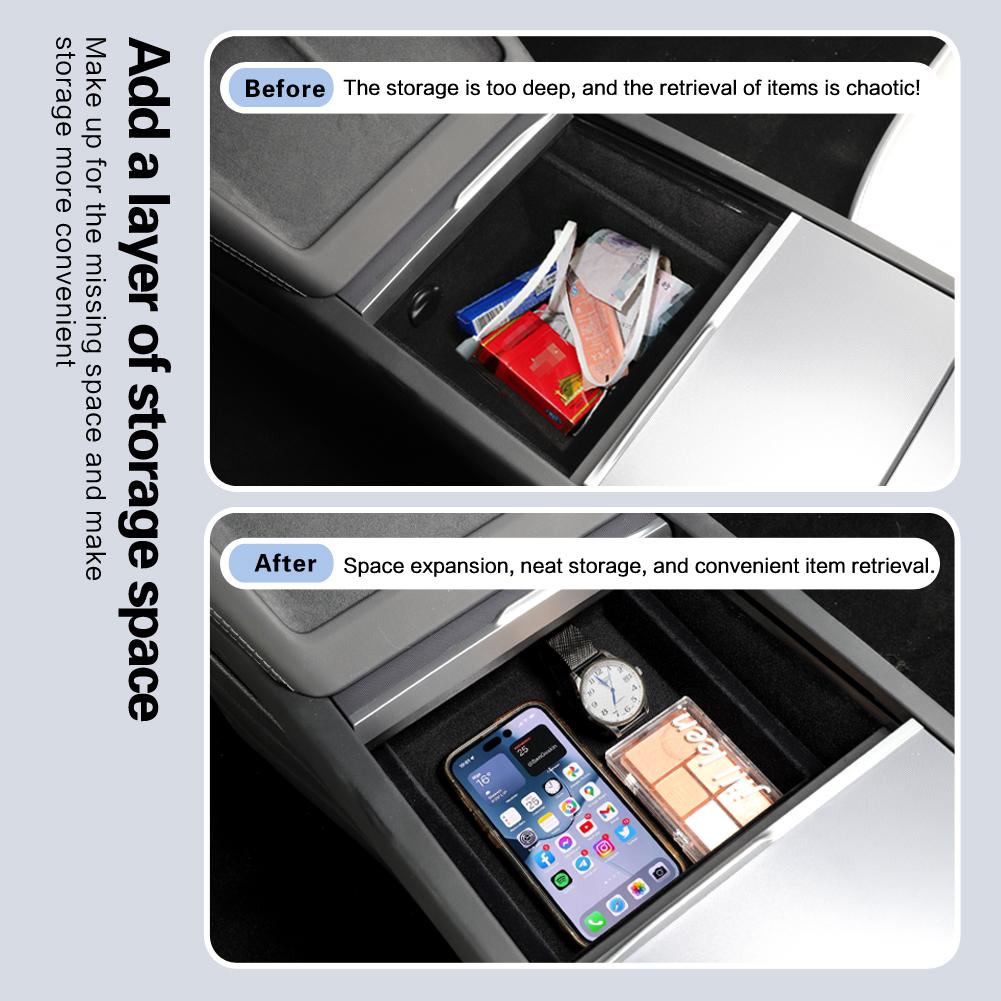 For Tesla Model 3 Highland 2025 Center Console Storage Box Flocking Car Central Armrest Tray Organizer Accessories Tidying