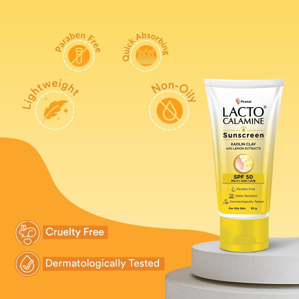Lacto Calamine Sunscreen Kaolin Clay SPF 50 PA+++ 50g For Oily Skin Water Resistant Non-Greasy Matte Finish Daily Sun Protection