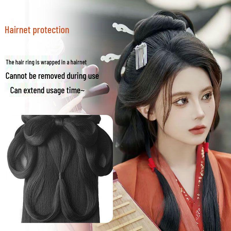 Wei Jin Headdress & Hanfu Costume Wig Set: Includes Warring States Robe, Hair Bun, Ma Mian Skirt, and Hair Accessories.