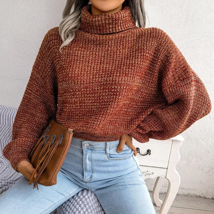 Women Loose Knit Turtleneck Sweater Long Sleeve All Match Fall Winter Mixed Color Lantern S-L
