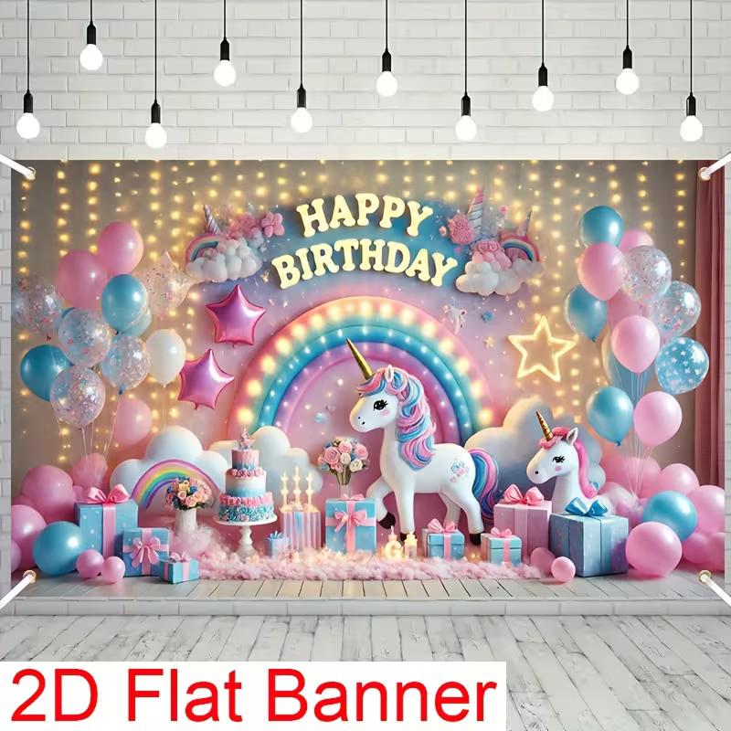 

2D Happy Birthday Background Cloth Unicorn Rainbow Floral Banner for Photo Studio 47.2x31.5inch/120*80cm