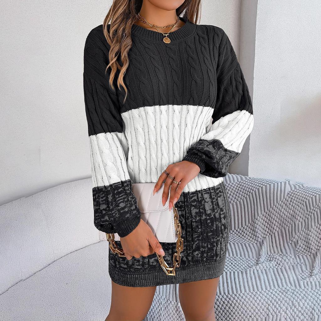 Fall Winter Lazy Wind Loose O-Neck Sweater Dress Women's Long Sleeve Straight Knit Pit Strip Wide Dresses