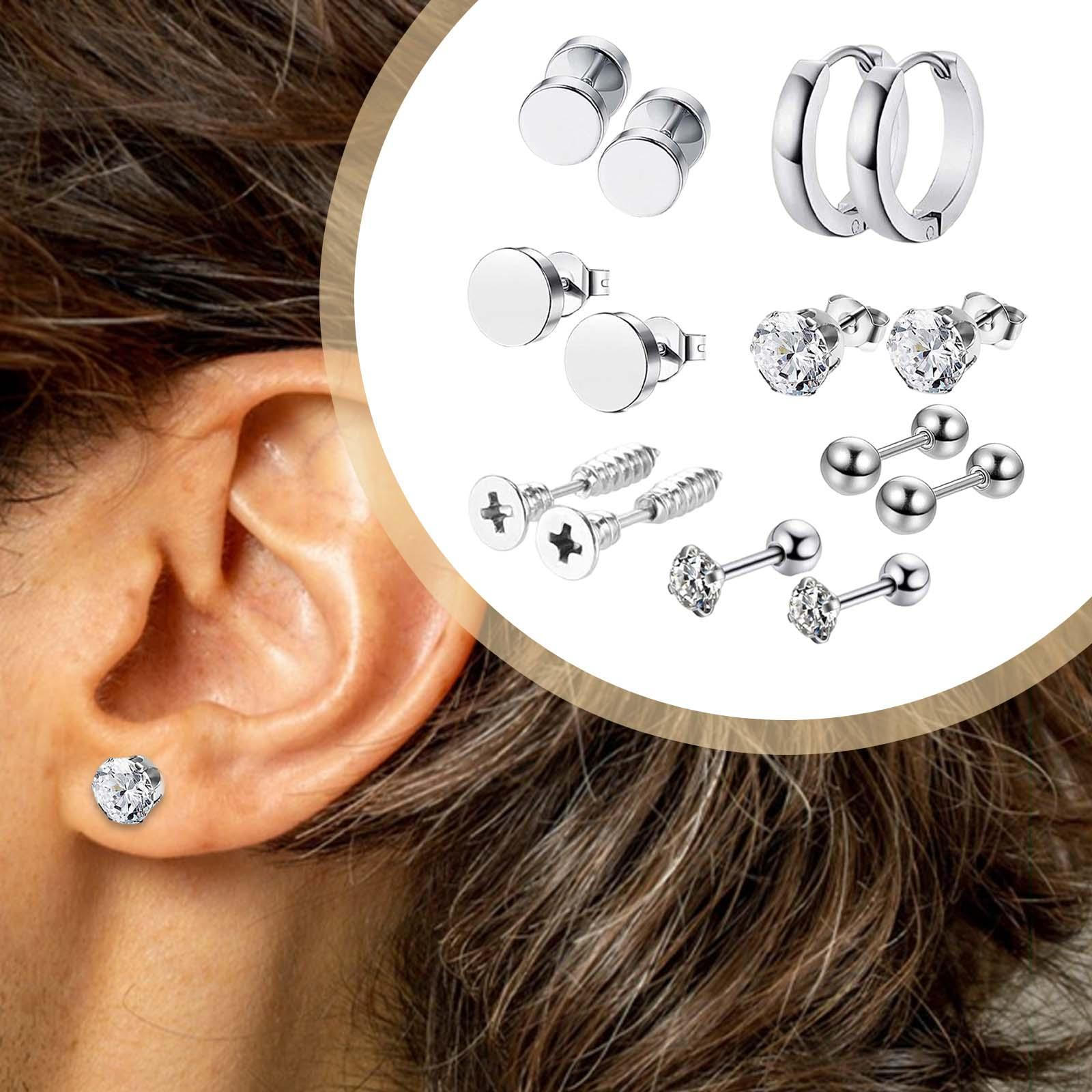 

14 Pieces Hoop Studs Earrings Set Piercing Jewelry Statement Fashion Dainty Stainless Steel Men 8mm Silver