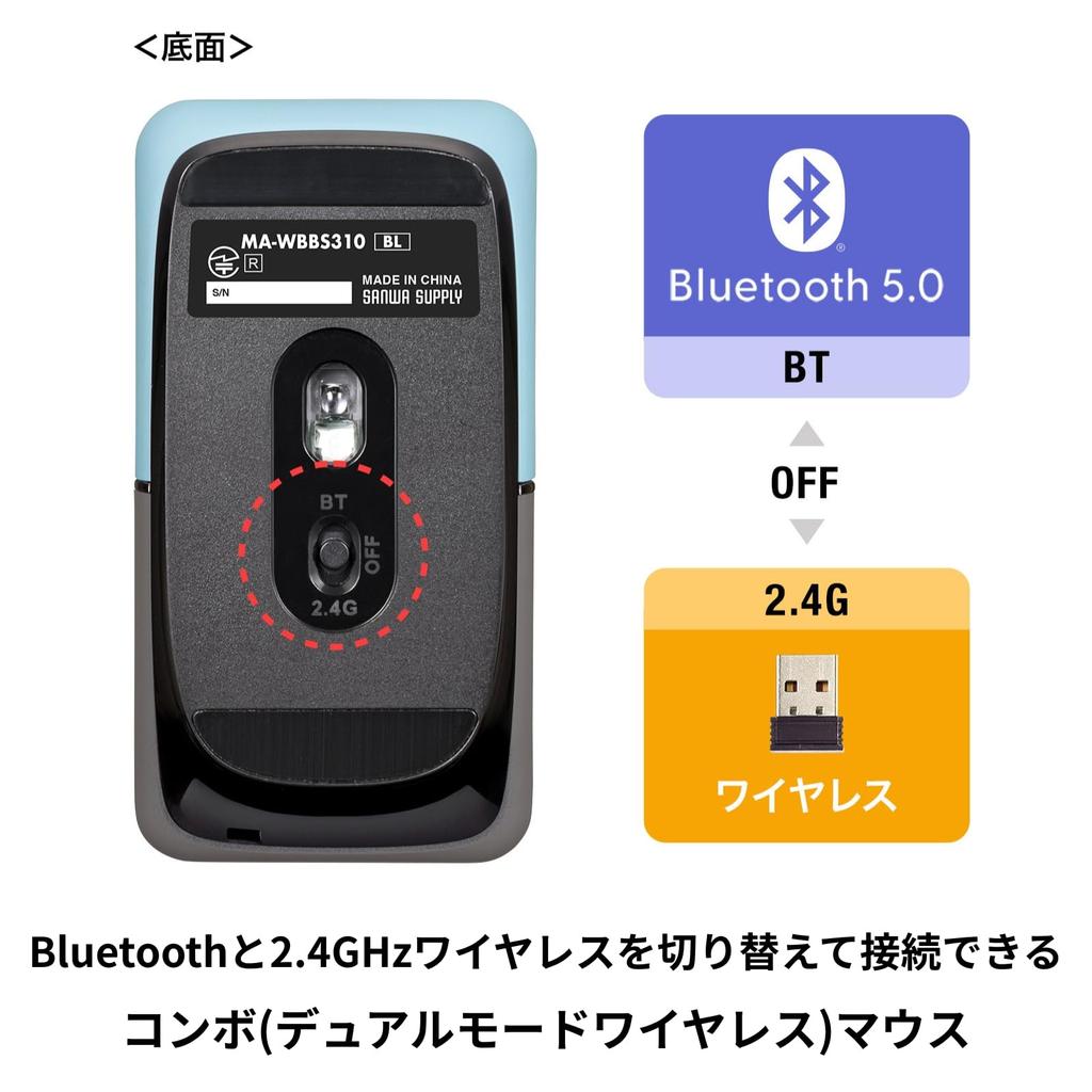Sanwa Supply Mobile Combo Slim and SLIMO Series Mouse, Bluetooth/Wireless (USB A) (Dual Mode), Rechargeable, Compact, Blue, MA-WBBS310BL