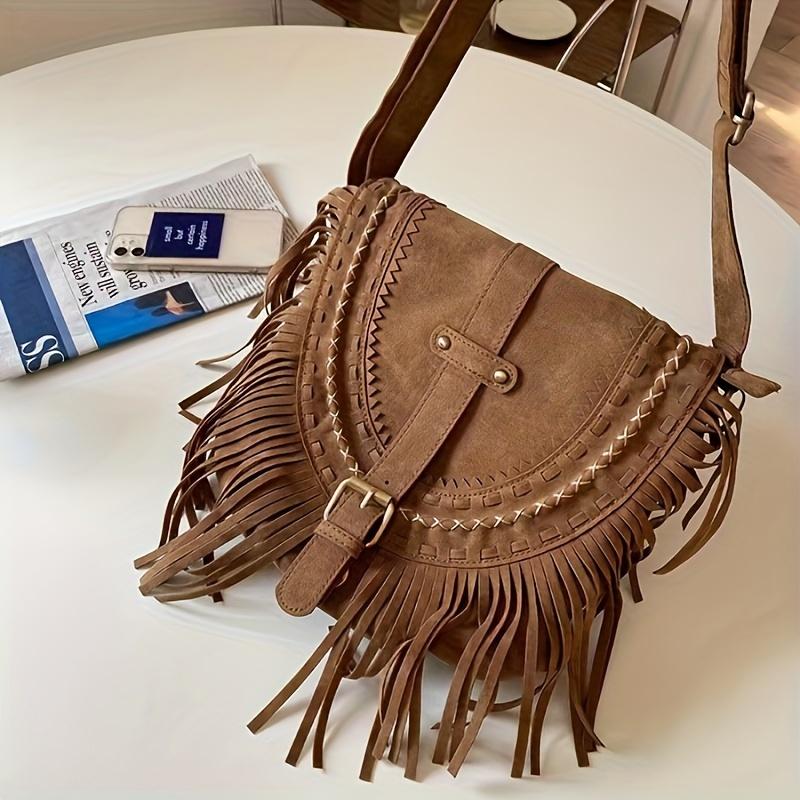 Enjoytime H Mode En Casual Franje Zadel Tas Stijlvolle Schoudertas Retro Crossbody Tote Tas Voor Vakantie donkerbruine kleur