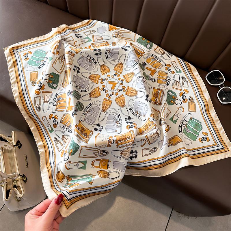 New retro French silk scarf 71cm small square scarf versatile professional scarf women's simulated silk scarf sunscreen shawl