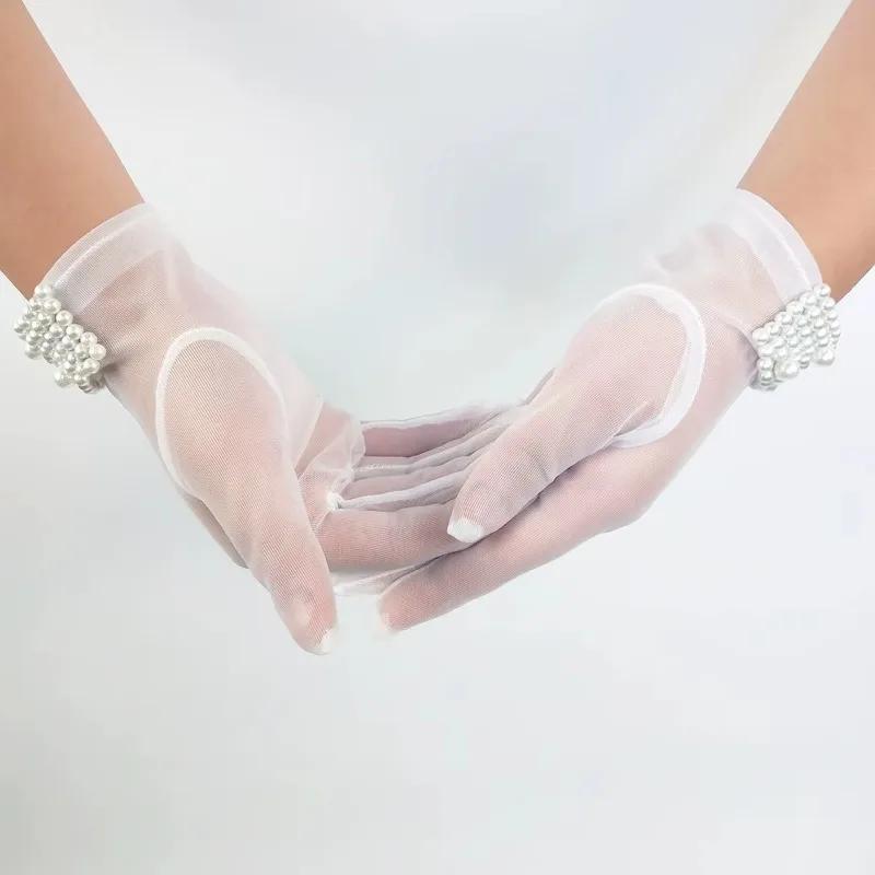 Fashion Bride Wedding Dress Gloves Lace Satin Pearl Party Women Beads Short Gloves White Gloves