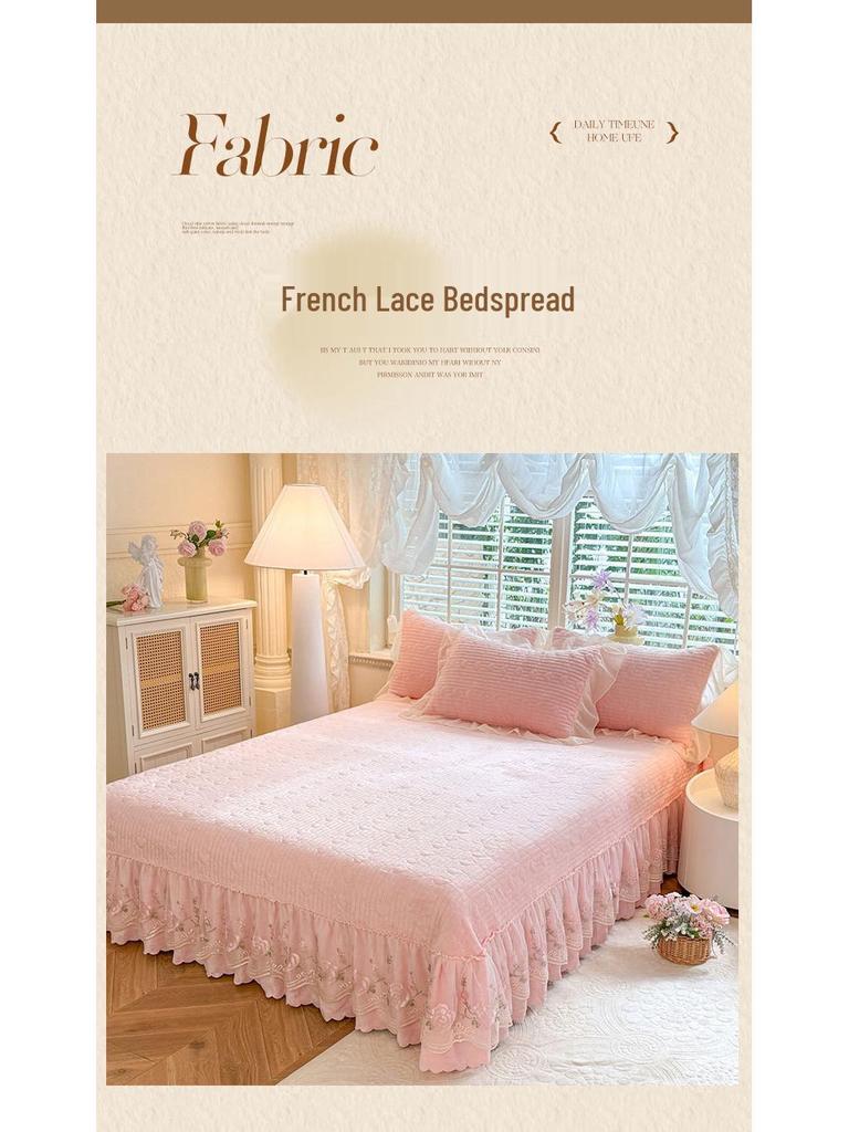 New Elegant Matte Milk Velvet French Lace Princess Style Bedspread Set