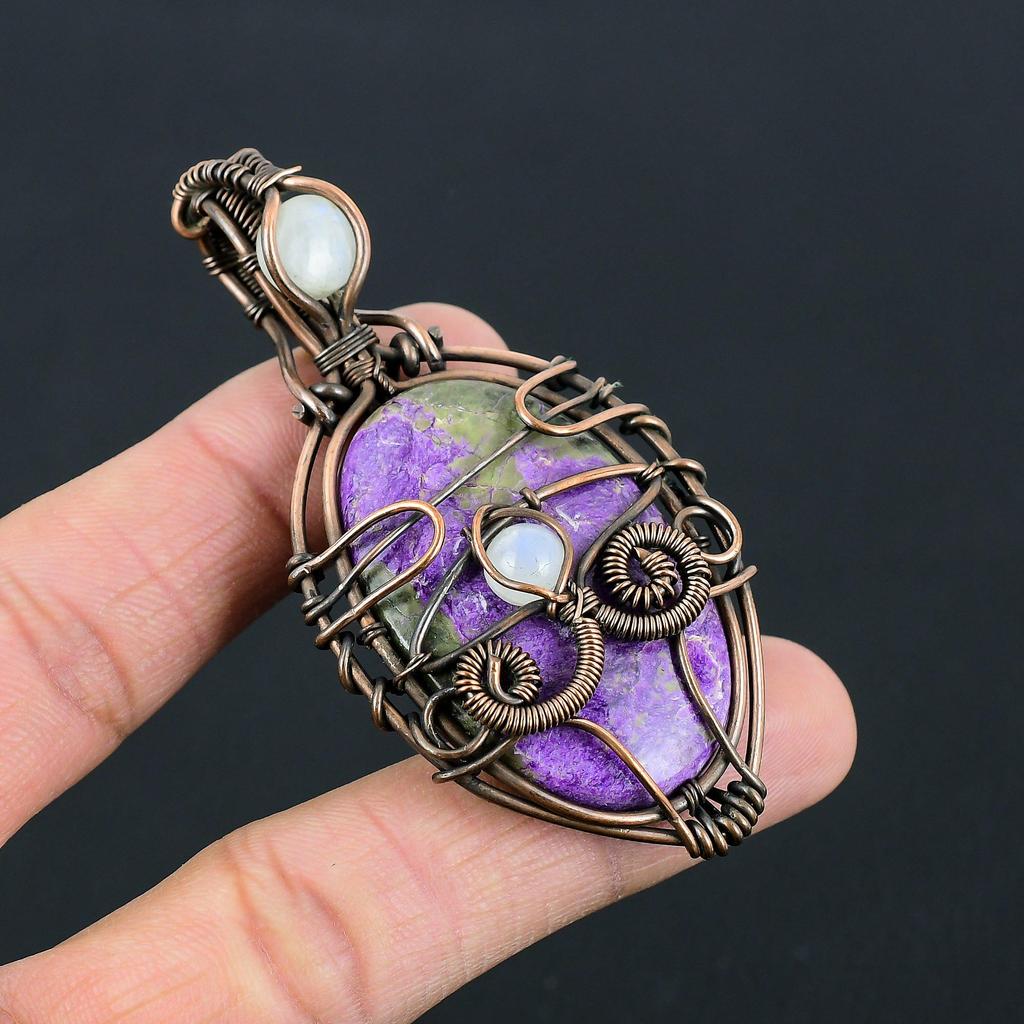 Purpurit & Mondstein Edelstein Handgefertigter Reiner Kupferdraht Wickel Schmuck Anhänger Für Thanksgiving