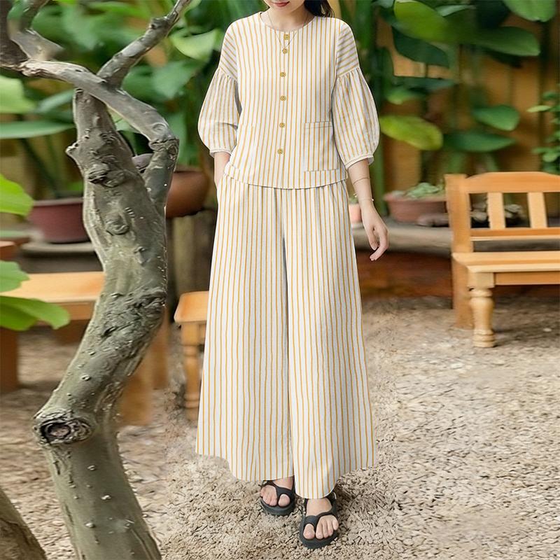 

ZANZEA Женский повседневный комплект из двух предметов: блузка с рукавом 3/4 и брюки с полосатым принтом 2XL хаки