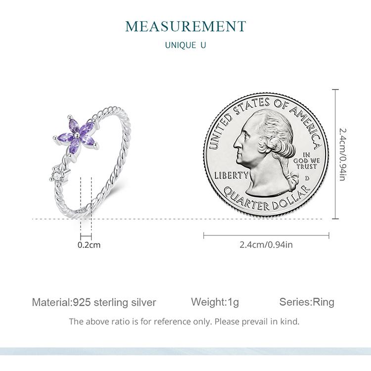 Bamoer 925 Sterling Silver Delicate Purple Zircon Dainty Flower Ring for Women Simple and Fashionable Rings