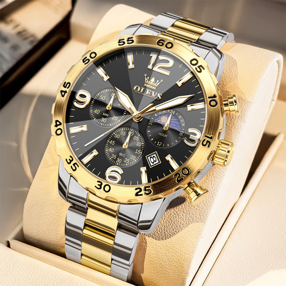 OLEVS Sports Black Stainless Steel Men Watch Moon Phase Luxury Night Glow Calendar Quartz Fashion Watch reloj hombre